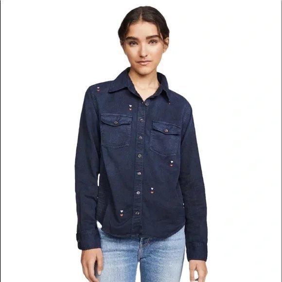 Sundry Tops - SUNDRY Women Blue Hearts Embroidered Button Down Shirt Chest Pocket L Large Soft